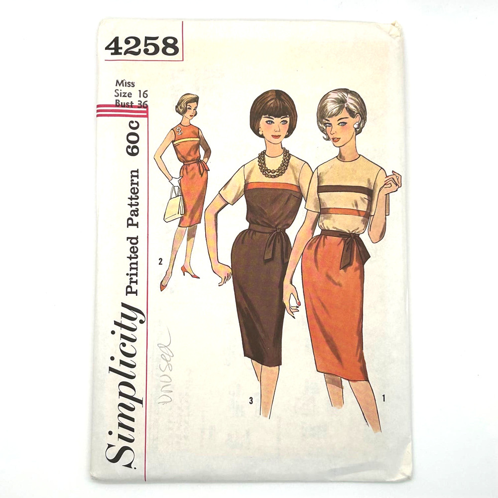 Simplicity Vintage 1960's Pattern #4258 Jr. and Misses One Piece Dress Size 16